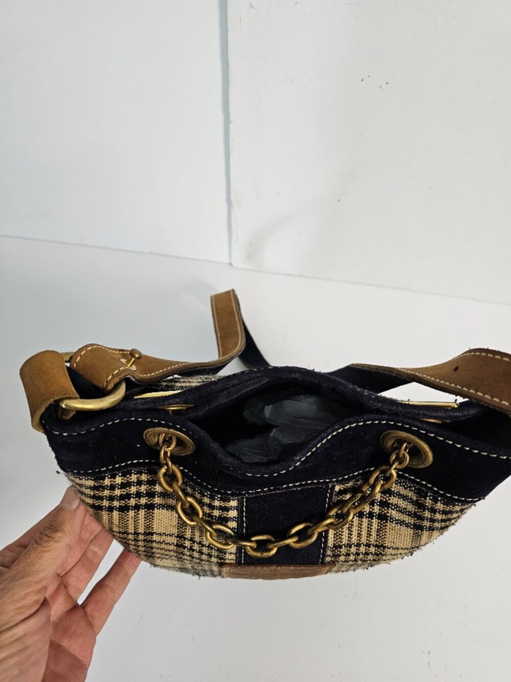 5/A Baker Blanket Bag Plaid Suede Tan Black Shoulder Preppy Equestrian - Picture 7 of 9
